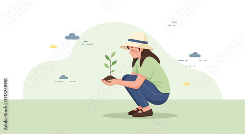 Woman Planting a Seedling, Embracing Nature and Nurturing Growth With Environmental Awareness