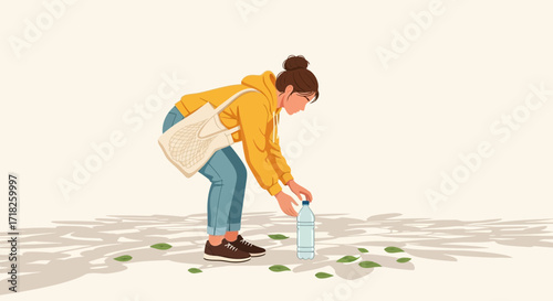 Woman Collecting Plastic Bottle Amongst Fallen Leaves, Promoting Environmental Cleanliness