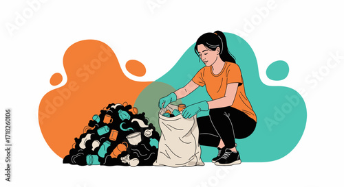 Woman Collecting Waste and Sorting Trash, For Environmental Protection and Cleaning