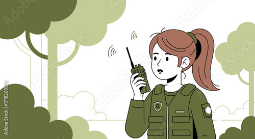 Woman Communicating Via Radio in Forest, Vector Illustration in Green Tones
