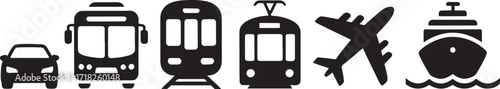 Silhouette icons of various modes of transportation on a white background Keywords: car, bus, tram