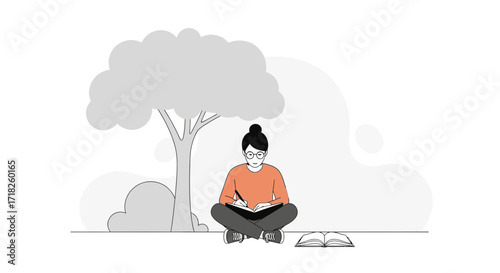 Woman Composing Under A Shaded Tree, Capturing Tranquility and Intellectual Pursuits