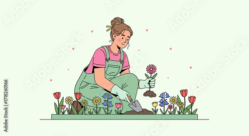 Woman Planting Flowers In Garden, Gardening Lifestyle, Working With Flowers Scene
