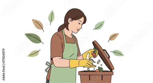 Woman Compost Food Scraps, Illustrating Organic Waste Recycling And Sustainability Concepts