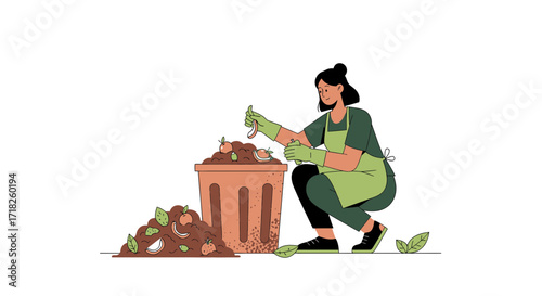 Woman Composting Food Scraps in a Garden, Environmental Sustainability Concept Illustration