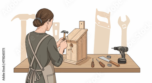 Woman Constructing a Wooden Birdhouse in a Workshop Environment for a DIY Project