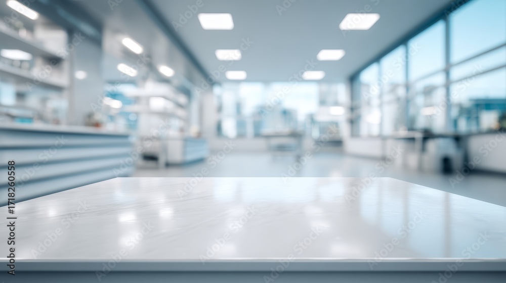 Fototapeta premium White table surface with blurred modern medical clinic background