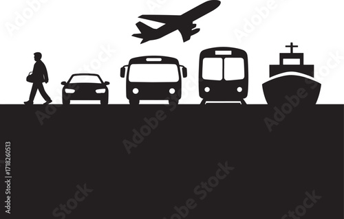 Silhouettes of various modes of transportation and a person Keywords: transportation, travel, journey