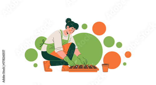 Woman Planting Seedlings In A Tray For Horticulture And Gardening Illustrated Concept