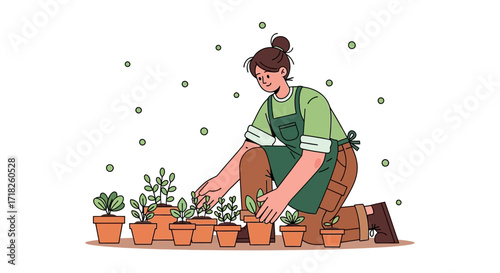 Woman Planting Seedlings in Pots, Nurturing New Life, And Cultivating Garden