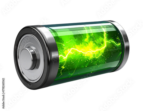  Battery Icon with Green Energy Indicator, Side Perspective, isolated on transparent background.