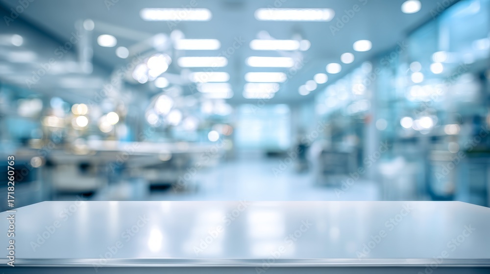 Fototapeta premium White table surface with blurred modern medical clinic background