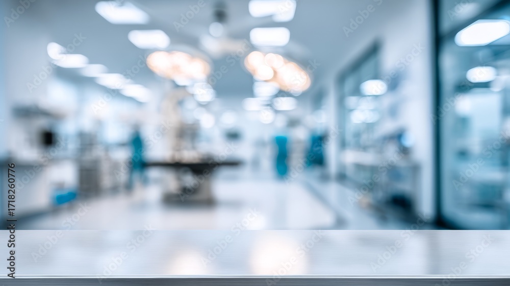 Fototapeta premium White table surface with blurred modern medical clinic background