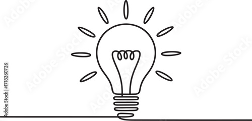 Single continuous line drawing of a light bulb with radiating lines idea innovation