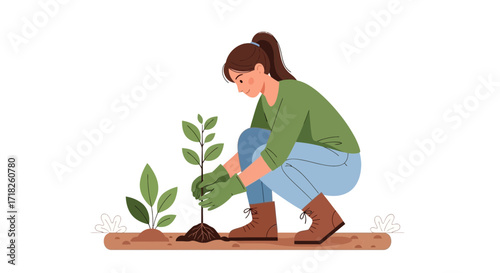 Woman Planting Young Tree in Garden, Focused on Bringing New Life to Nature
