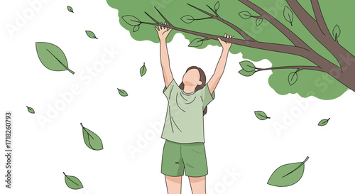 Woman Delicately Reaching For Tree Branches Experiencing Natural Winds And Serene Moments