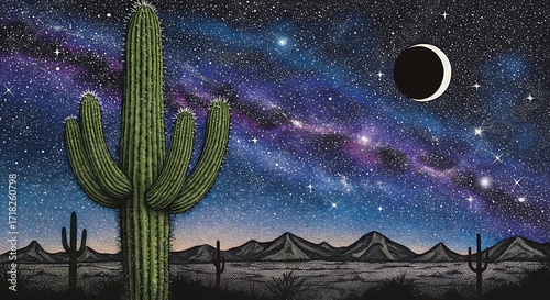 Desert night sky with cactus