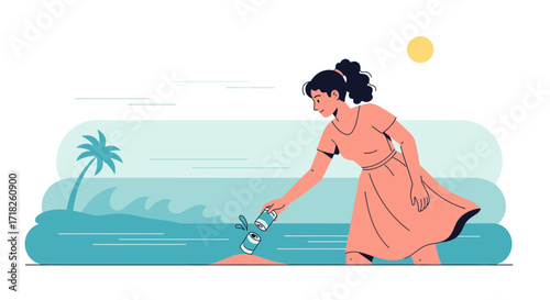 Woman Discarding Aluminum Cans Near The Shore, Illustrating Environmental Responsibility Themes