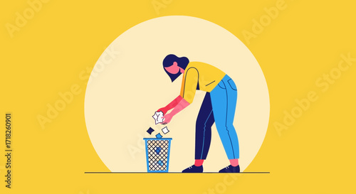 Woman Discarding Paper In Trash Can Against Yellow Background, Modern Illustrative Concept