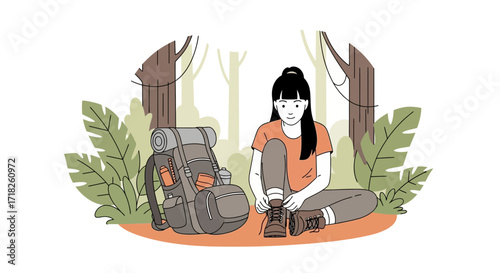 Woman Prepares For Nature Hike, Trekking Ready With Backpack And Hiking Boots