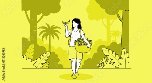 Woman Discovering Bananas In A Forest, Carrying A Basket Full Of Fruit