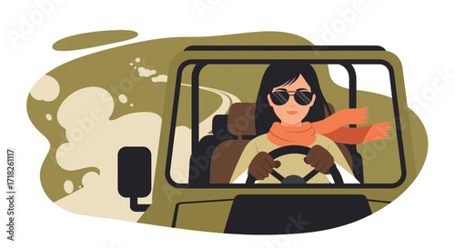 Woman Driving Car On A Scenic Road During Cool Weather Season Adventure