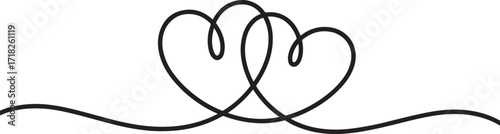 Two Intertwined Hearts Connected by a Single Line on White Background Keywords: heart, love, romance