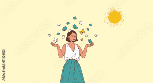 Woman Embraces Freedom And Joy As Butterflies Flutter Around Her In The Sunlight