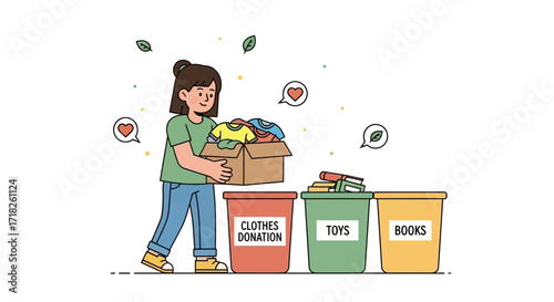Woman Donating Clothes Toys And Books To Promote Community Contribution And Charity