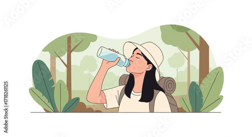 Woman Drinking Water While Hiking In Forest, Staying Hydrated, Outdoor Adventure