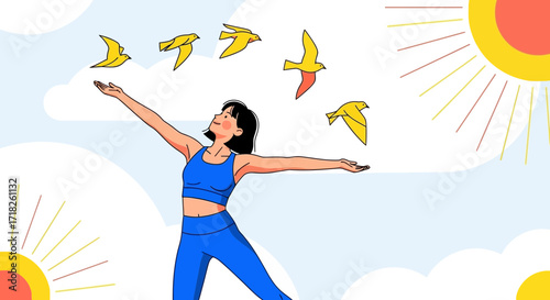 Woman Embraces Freedom: Birds Soar as She Celebrates Life's Joyful Moments.