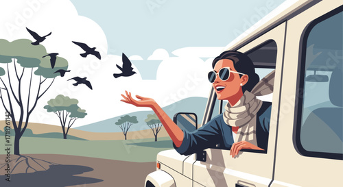 Woman Embraces Freedom And Nature, Exhaling Joy As She Drives Into Adventure