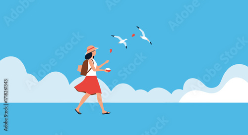 Woman Enjoying a Coastal Stroll While Feeding the Seagulls with Sky Backgrounds