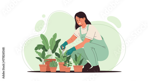 Woman Pruning Plants, Cultivating Her Indoor Garden Hobby, And Enjoying Nature's Gift