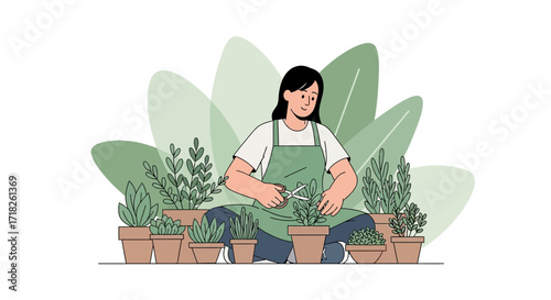 Woman Pruning Plants In Her Garden, A Peaceful Scene Of Gardening And Enjoying Nature