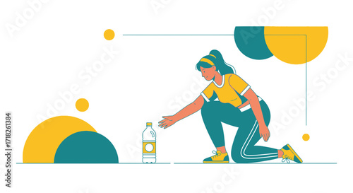 Woman Reaching For Bottled Water, Preparing For Exercise With Energetic Graphical Elements