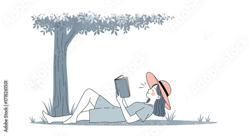 Woman Reading A Book Beneath A Tree Enjoying Leisure Time In Nature's Shade