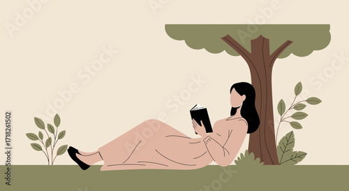 Woman Reading A Book Under A Tree Enjoying Serene Moments And Leisure Time