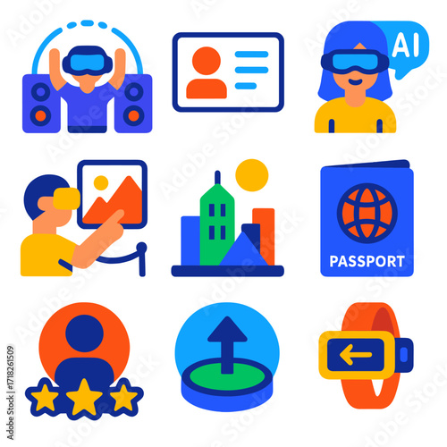 Modern VR Icon Set. Flat vector icons of virtual reality and metaverse items: immersive VR concert speaker, digital identity