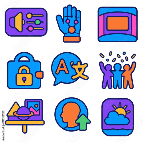 Virtual Reality Icons Set. Flat vector icons of virtual reality and metaverse items: spatial sound controller, VR glove with