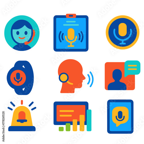 Flat Voice Assistant Icons. Flat vector icons of voice assistants and smart interfaces: virtual assistant character icon, smart