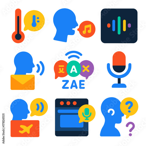 Smart Voice Assistant Icons. Flat vector icons of voice assistants and smart interfaces: room temperature voice update icon,