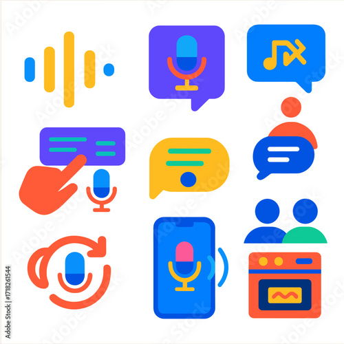Smart Assistant Icons. Flat vector icons of voice assistants and smart interfaces: wave icon showing loudness, floating assistant