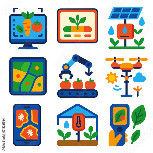 Smart Agriculture Icons. Flat vector icons of smart agriculture and drone farming: machine vision crop classifier, crop health