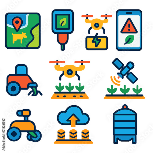 Smart Agriculture Icons. Flat vector icons of smart agriculture and drone farming: digital livestock tracker map, soil nutrient
