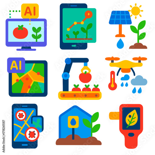 Smart Agriculture Icons. Flat vector icons of smart agriculture and drone farming: machine vision crop classifier, crop health