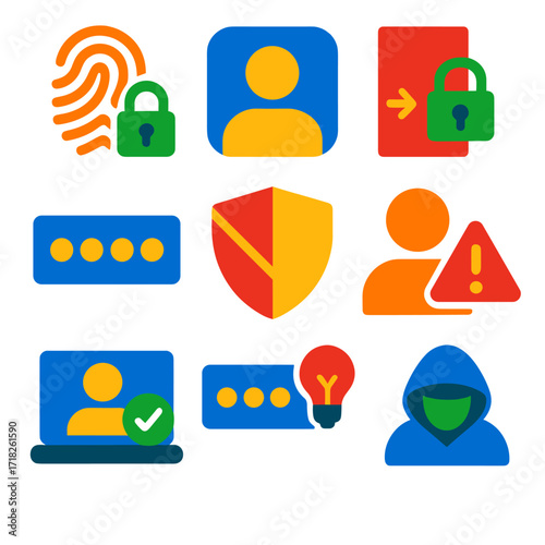 Cybersecurity Icon Set. Flat vector icons of cybersecurity and digital identity: encrypted fingerprint access, digital identity