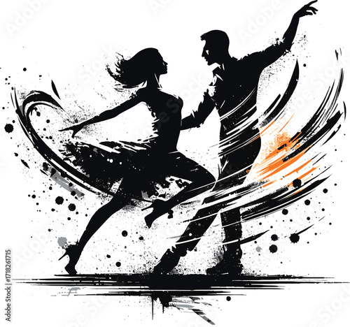 Silhouetted couple gracefully dances amid swirling black and orange strokes, creating energetic motion and artistic flair. This high-contrast composition conveys rhythm, passion