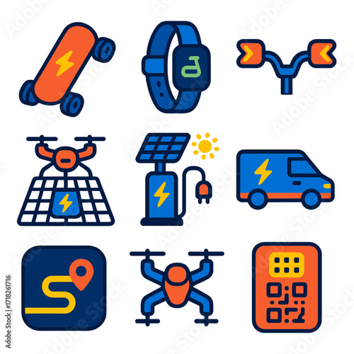 Future Mobility Icons. Flat vector icons of future mobility: electric all-terrain board, shared e-mobility wristband, integrated