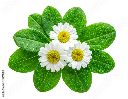 Chamomile Leaves Cluster with Dew Drops, Angled Side View, isolated on transparent background.